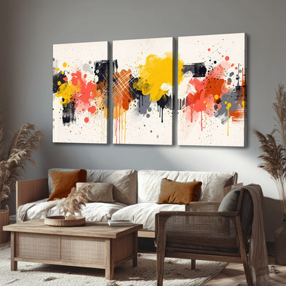 Paint splash abstract painting 3 piece canvas wall art in a rustic living room