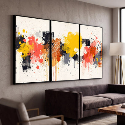 Paint splash abstract painting 3 piece canvas wall art in a modern living room