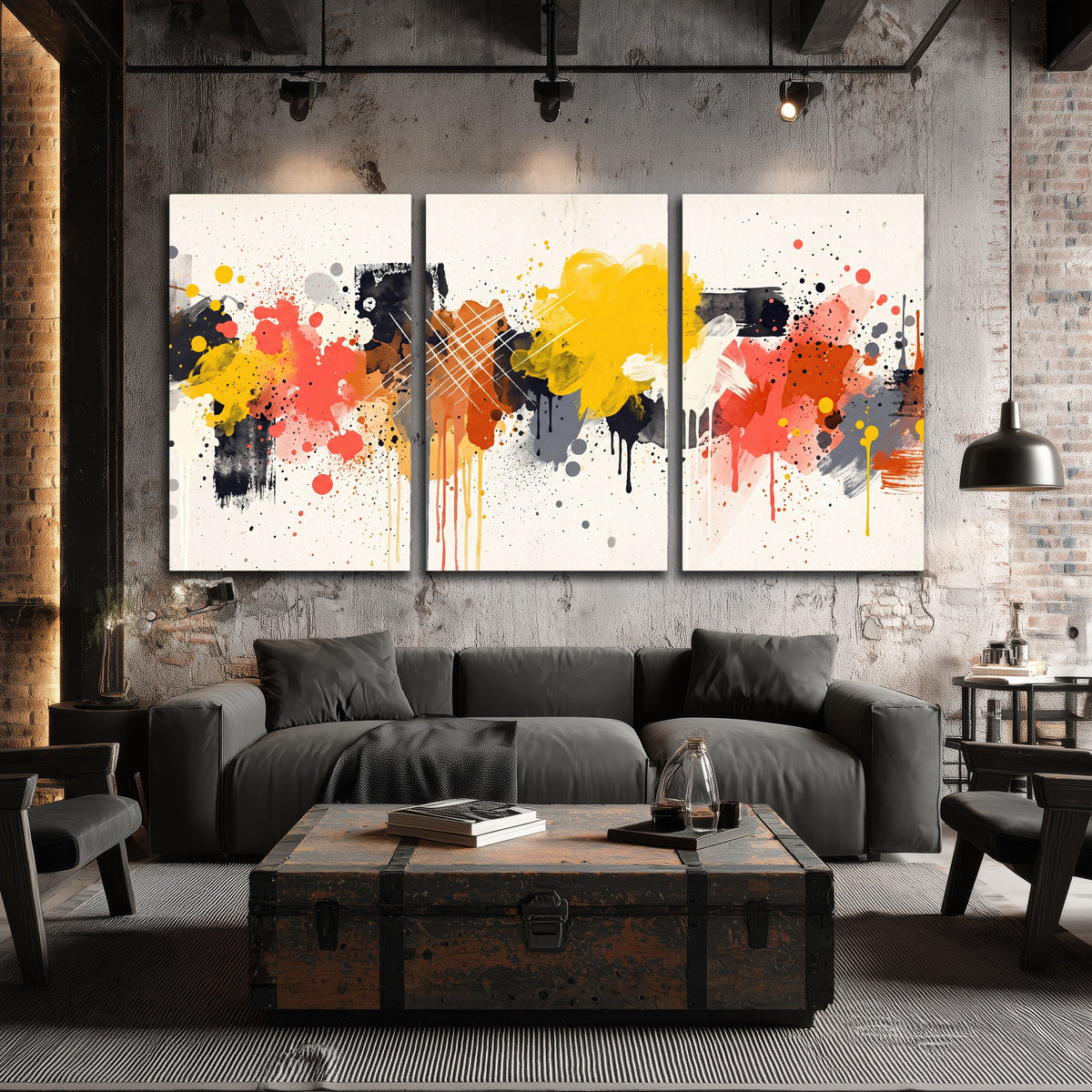 Paint splash abstract painting 3 piece canvas wall art in an industrial loft