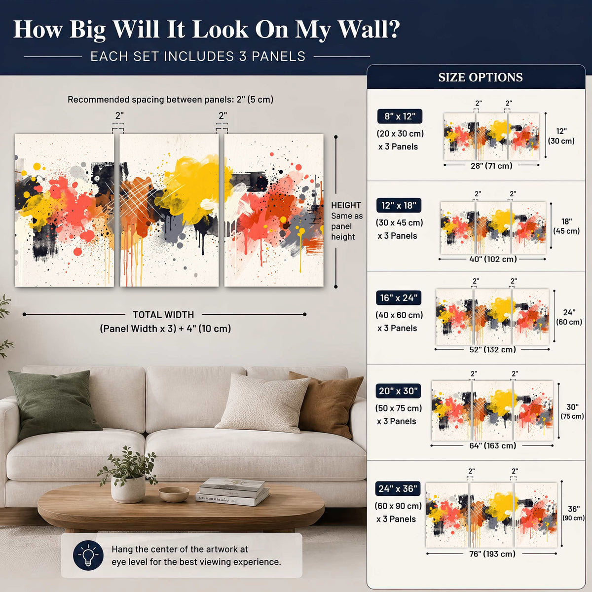 Paint splash abstract painting 3 piece canvas wall art size guide above a sofa