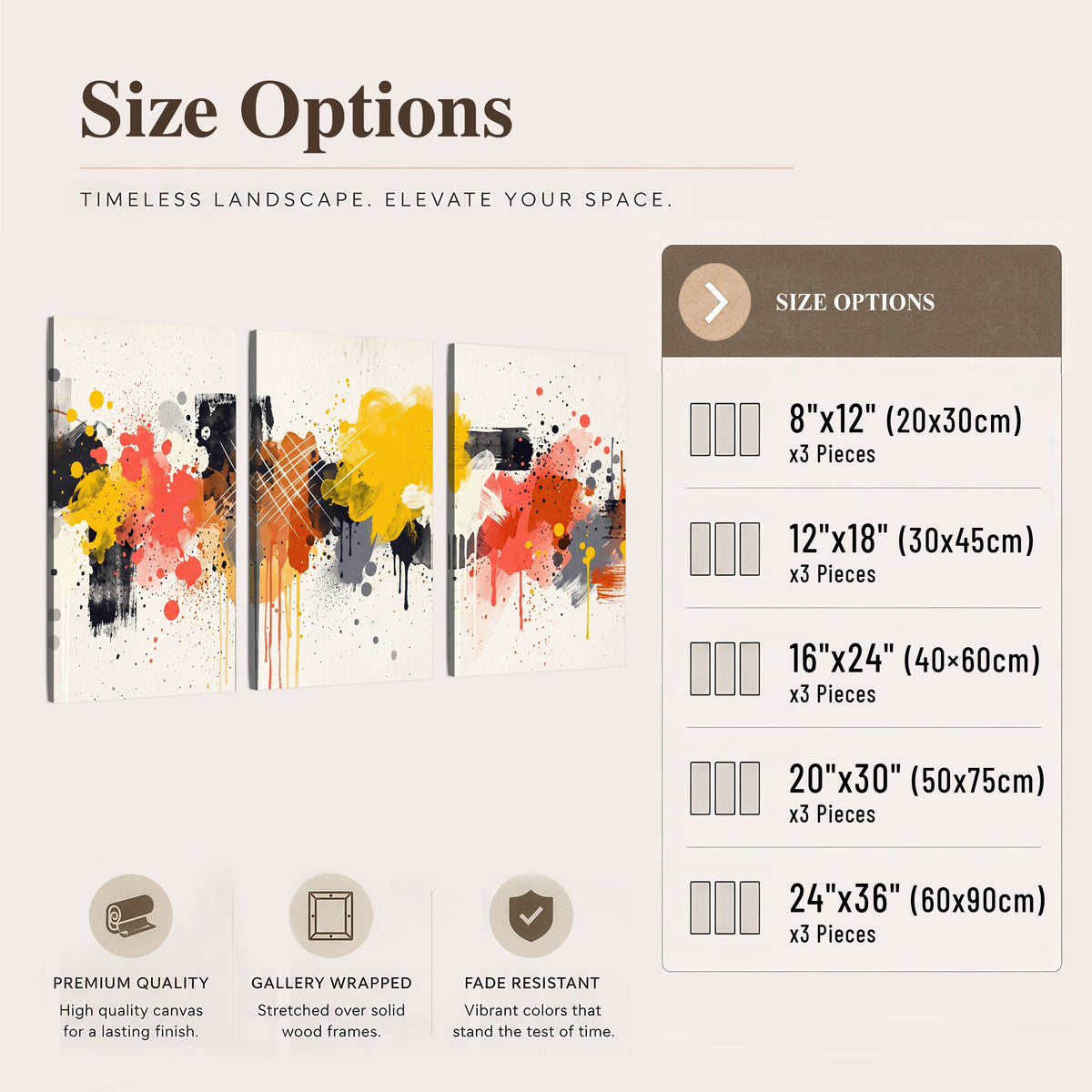 Paint splash abstract painting 3 piece canvas wall art size options