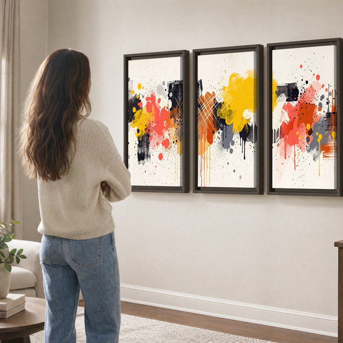 Paint splash abstract painting 3 piece framed canvas in a living room