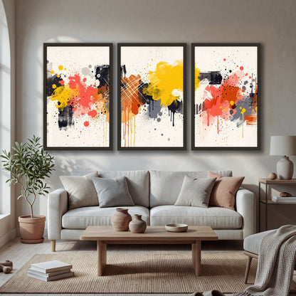 Paint splash abstract painting 3 piece framed canvas in a bright living room