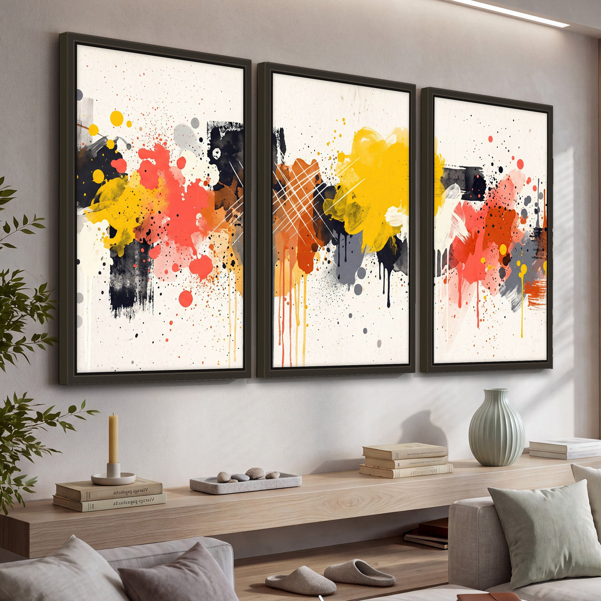 Paint splash abstract painting 3 piece framed canvas in a living room above a console