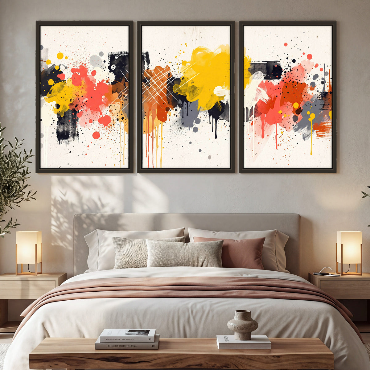 Paint splash abstract painting 3 piece framed canvas in a bedroom above the bed