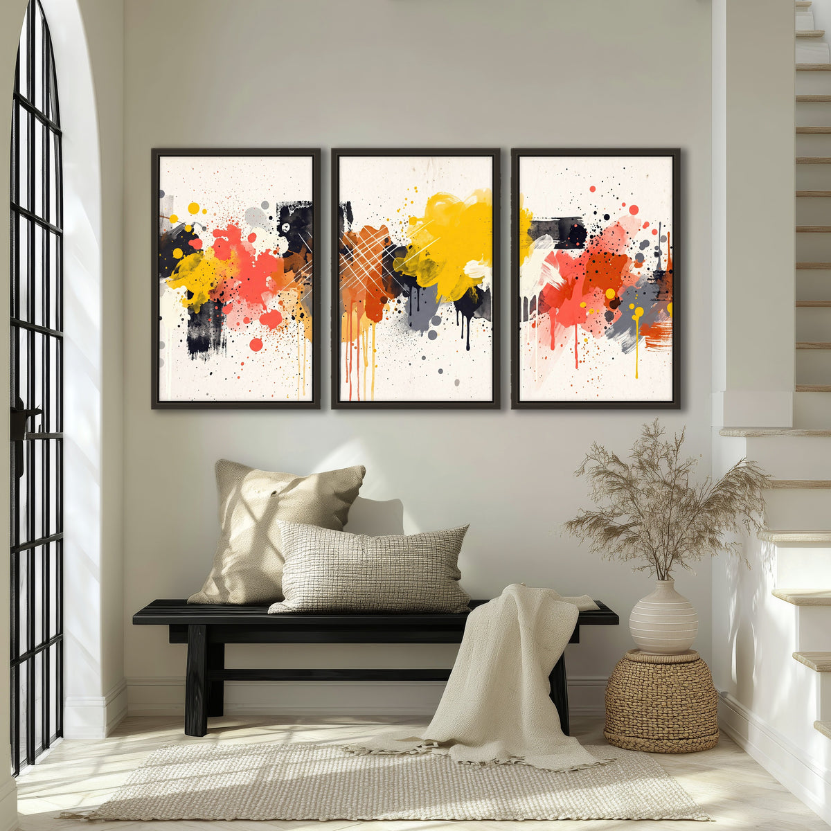 Paint splash abstract painting 3 piece framed canvas in an entryway above a bench