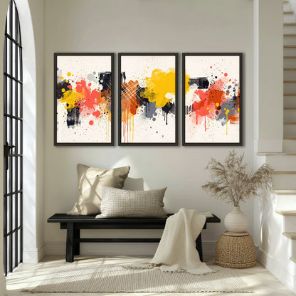 Paint splash abstract painting 3 piece framed canvas in an entryway above a bench