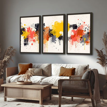 Paint splash abstract painting 3 piece framed canvas in a rustic living room