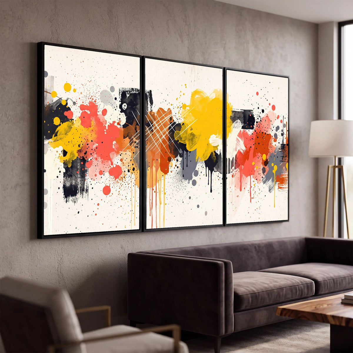 Paint splash abstract painting 3 piece framed canvas in a modern living room