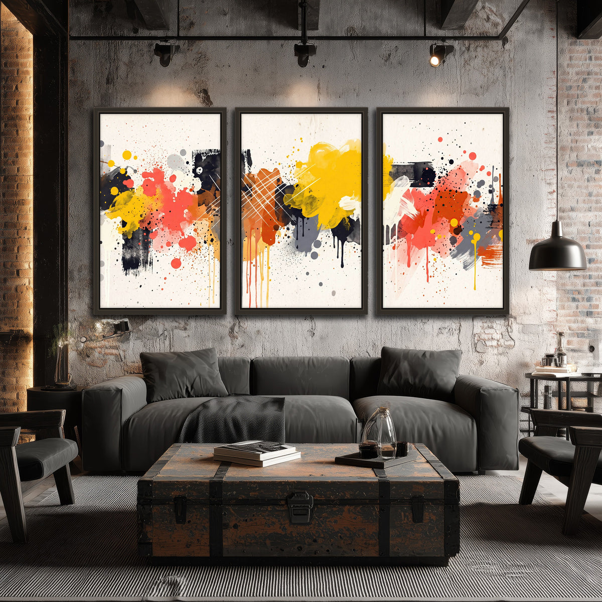 Paint splash abstract painting 3 piece framed canvas in an industrial loft