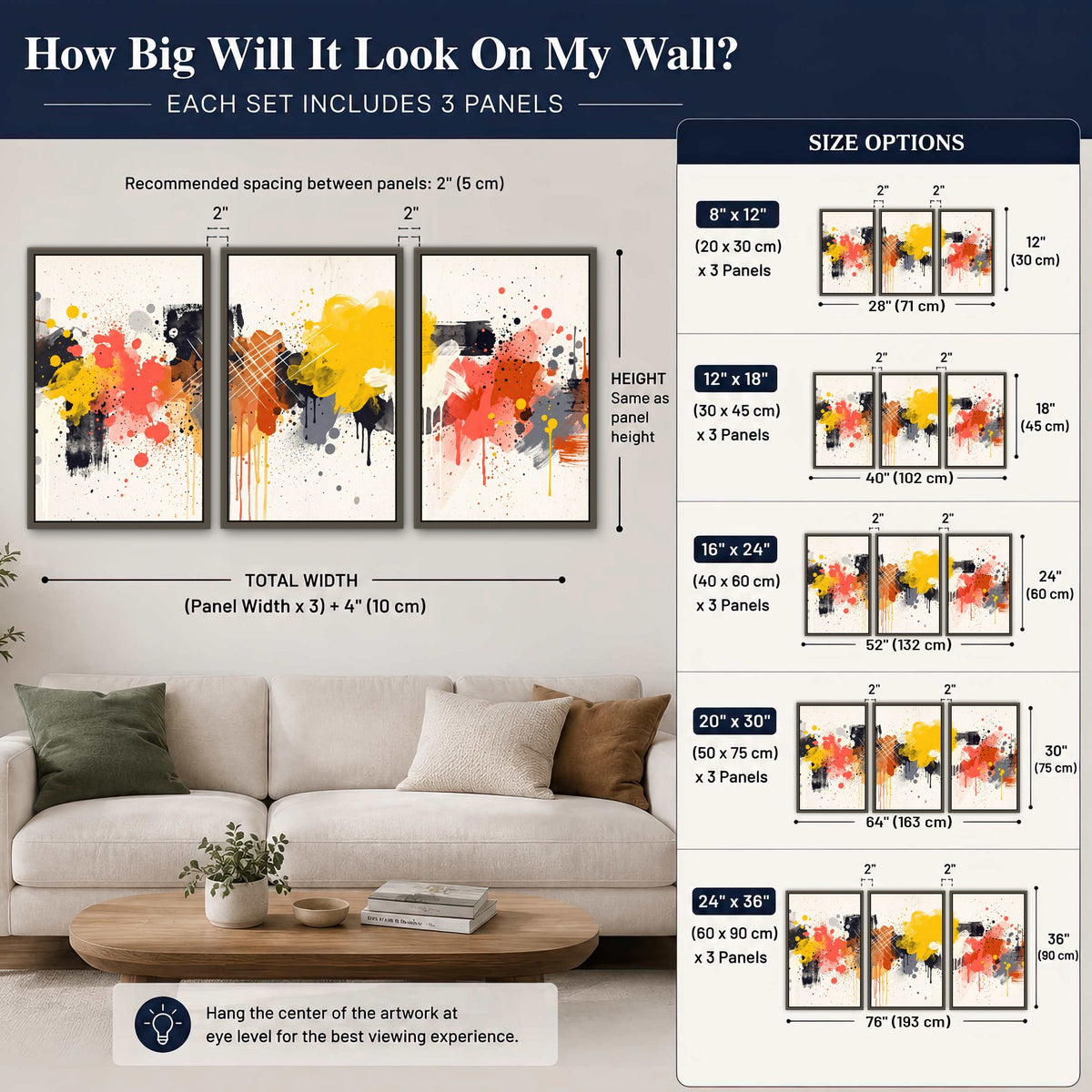 Paint splash abstract painting 3 piece framed canvas size guide above a sofa