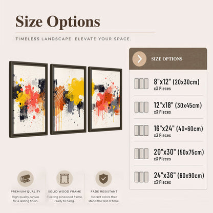 Paint splash abstract painting 3 piece framed canvas size options
