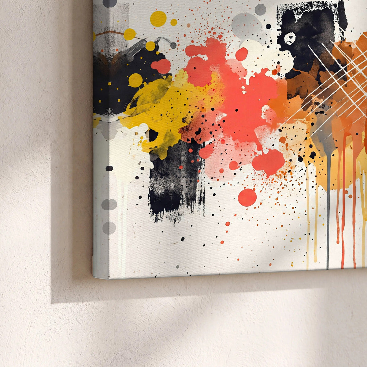 Paint splash abstract painting canvas print close-up showing the gallery-wrapped edge