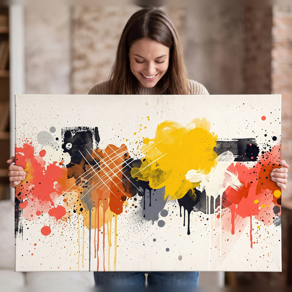 Paint splash abstract painting canvas wall art held in hands