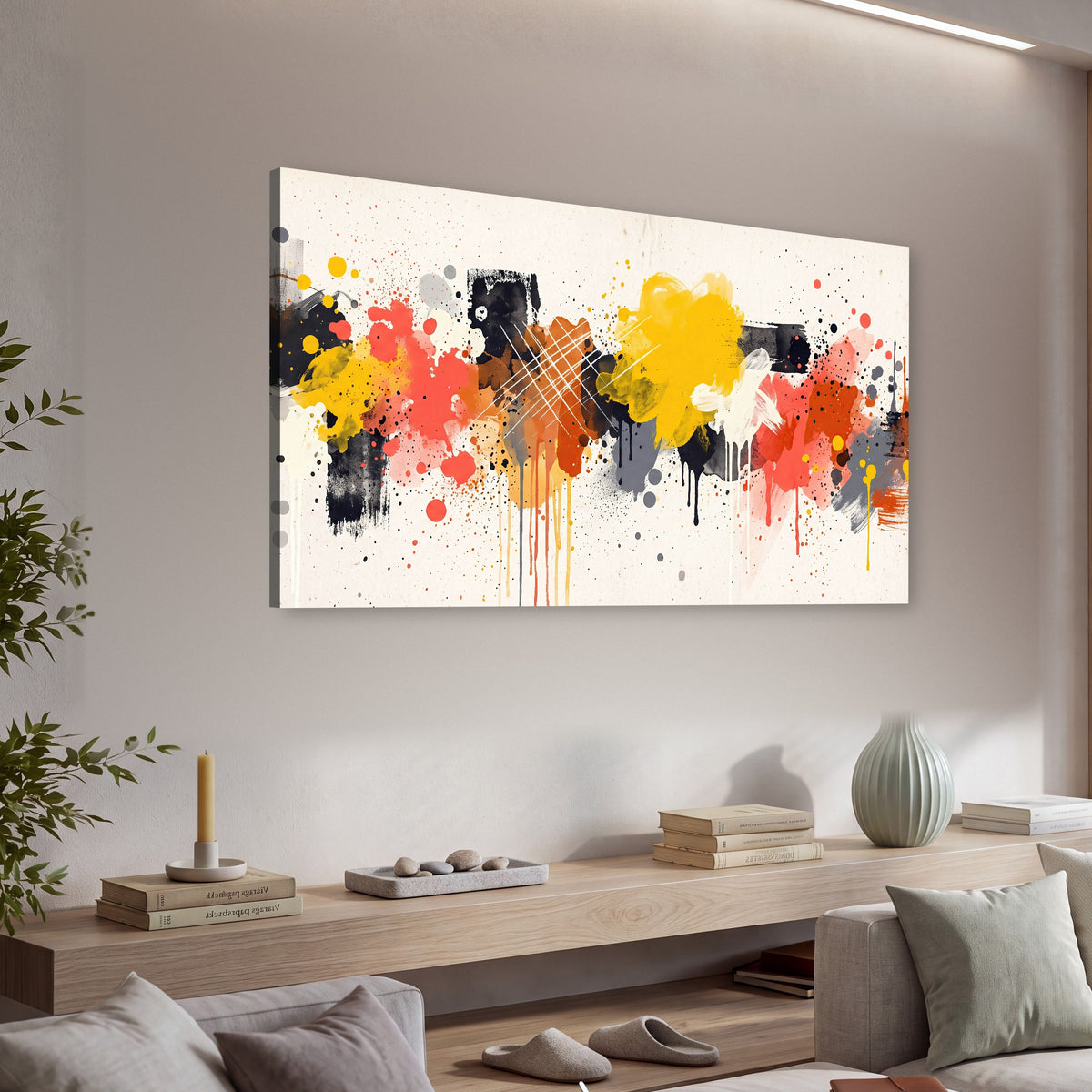 Paint splash abstract painting canvas wall art in a living room above a console