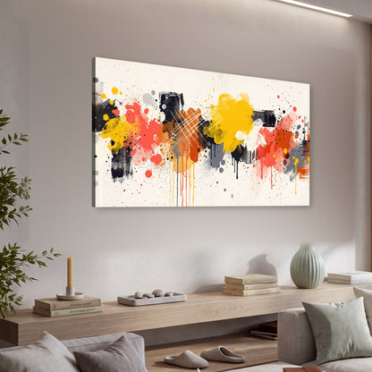 Paint splash abstract painting canvas wall art in a living room above a console