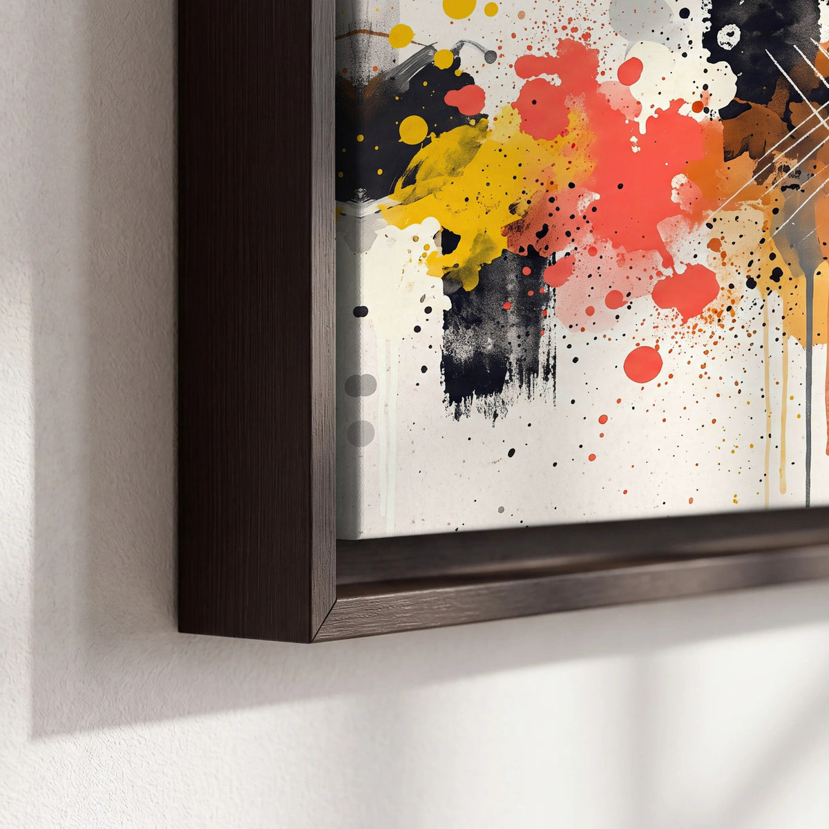 Paint splash abstract painting framed canvas close-up showing the floating frame