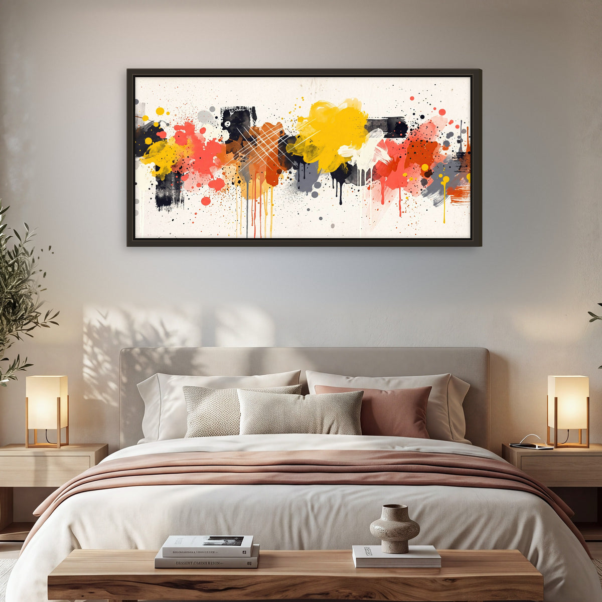 Paint splash abstract painting framed canvas wall art in a bedroom above the bed