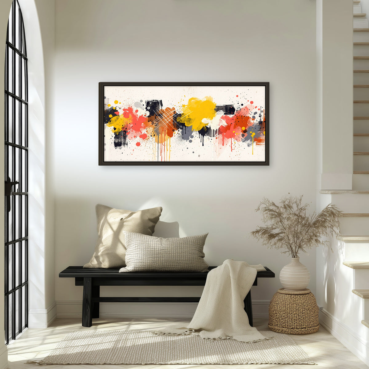 Paint splash abstract painting framed canvas wall art in an entryway above a bench
