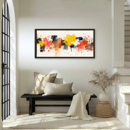 Paint splash abstract painting framed canvas wall art in an entryway above a bench