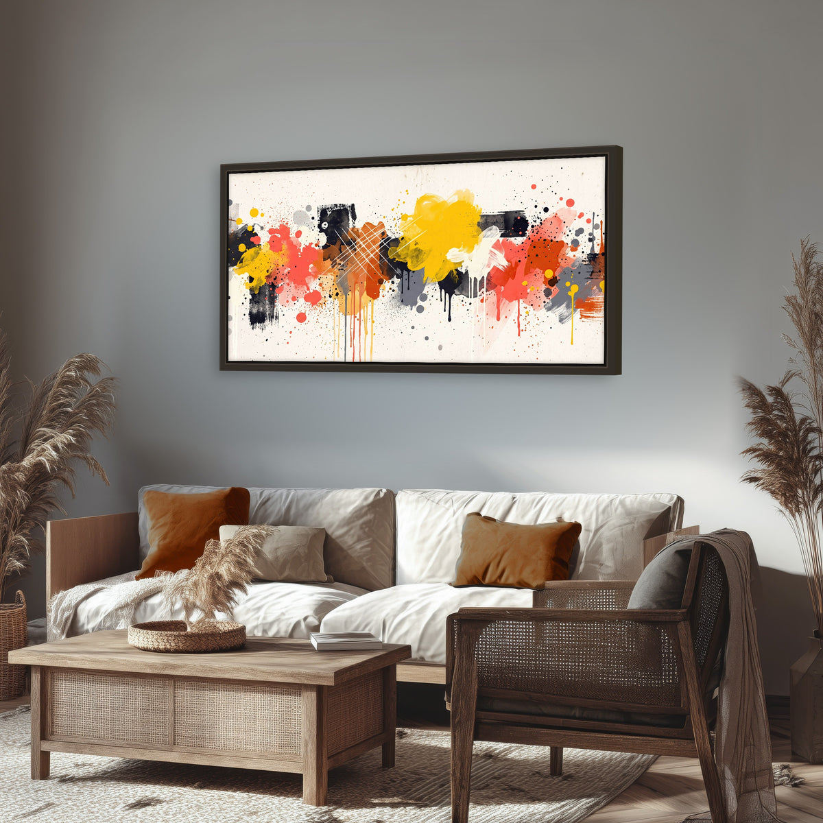 Paint splash abstract painting framed canvas wall art in a rustic living room