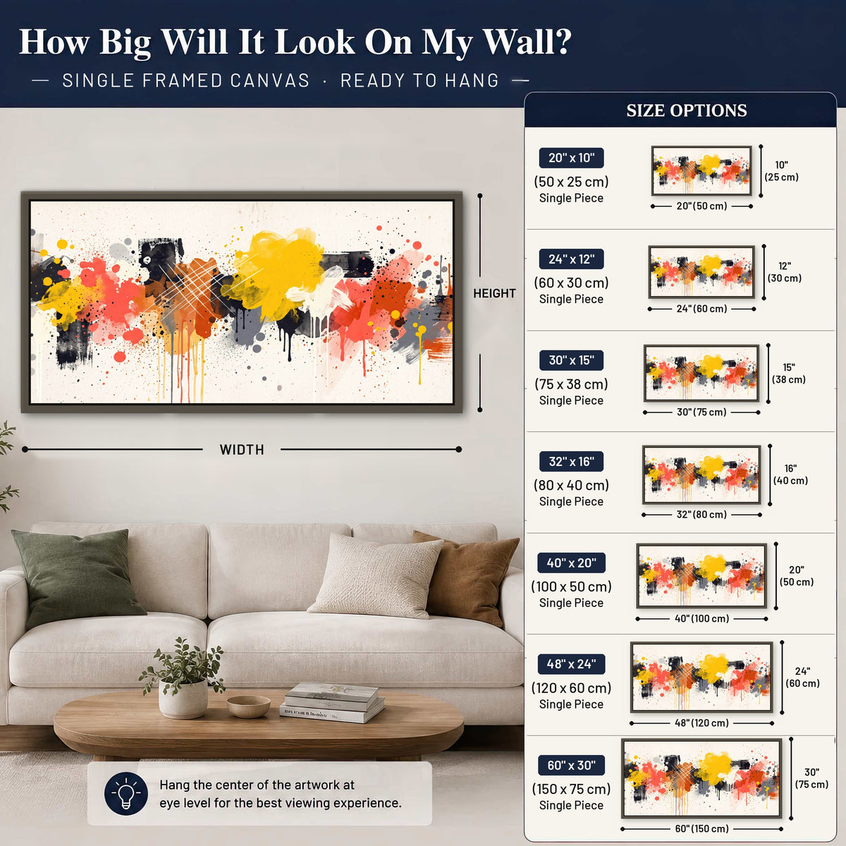 Paint splash abstract painting framed canvas wall art size guide above a sofa
