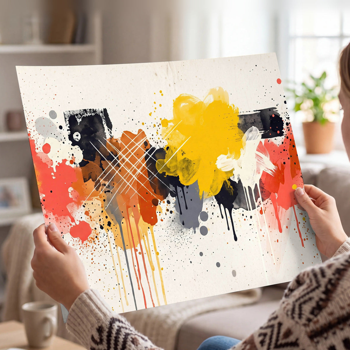 Paint splash abstract painting poster print held in hands