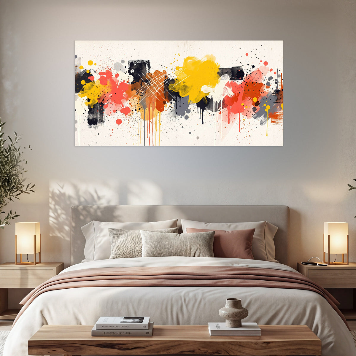 Paint splash abstract painting poster print in a bedroom above the bed