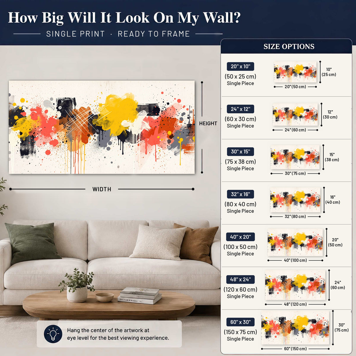 Paint splash abstract painting poster print size guide above a sofa