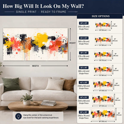 Paint splash abstract painting poster print size guide above a sofa
