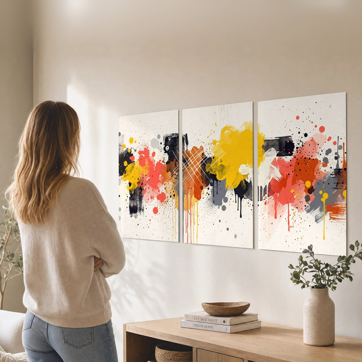 Paint splash abstract painting set of 3 poster prints in a living room