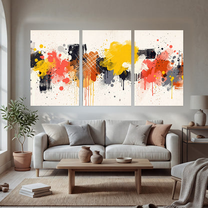Paint splash abstract painting set of 3 poster prints in a bright living room