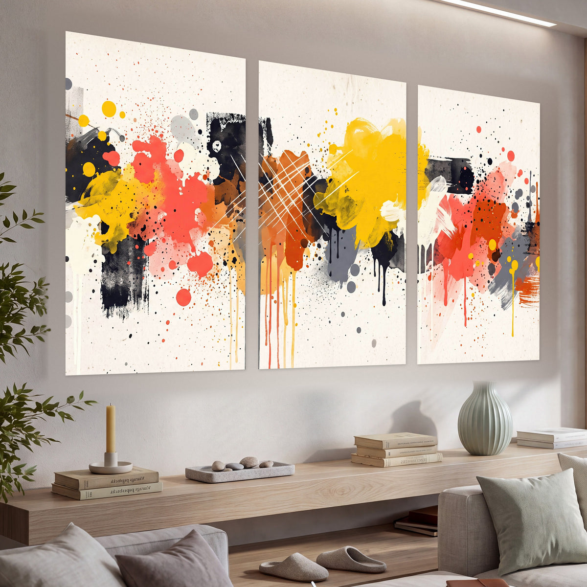 Paint splash abstract painting set of 3 poster prints in a living room above a console