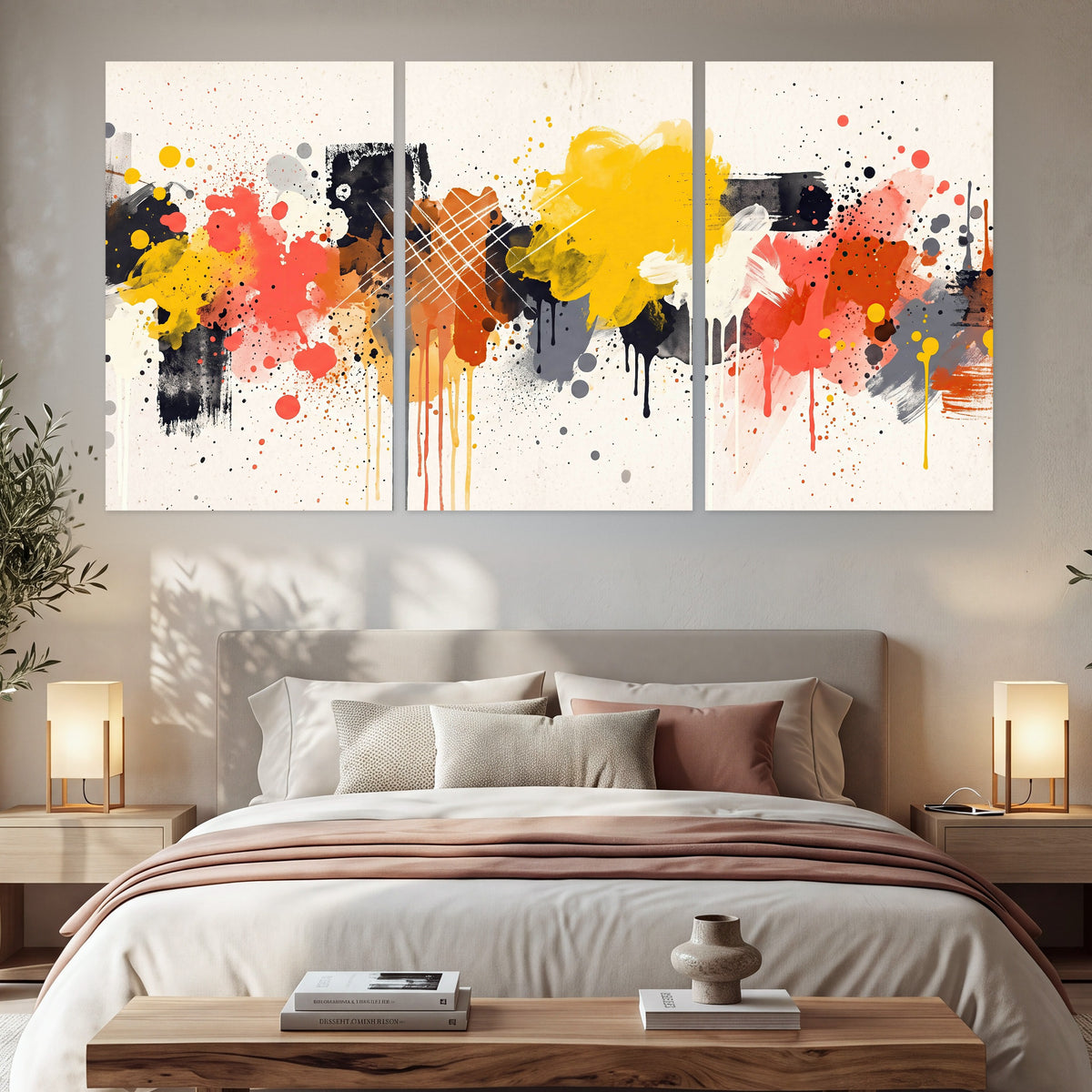 Paint splash abstract painting set of 3 poster prints in a bedroom above the bed