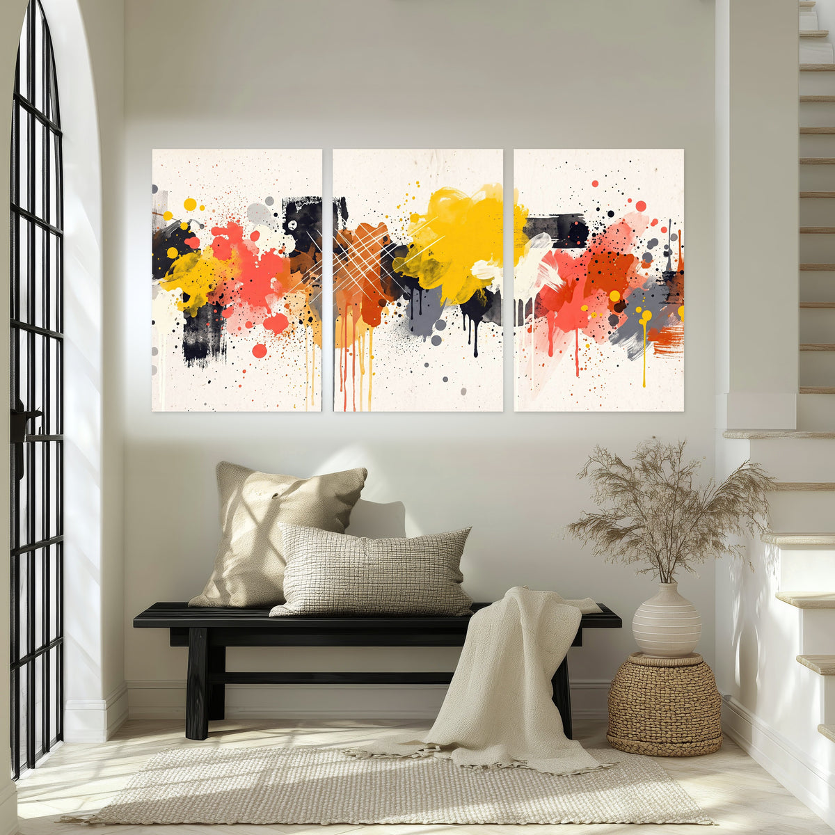 Paint splash abstract painting set of 3 poster prints in an entryway above a bench
