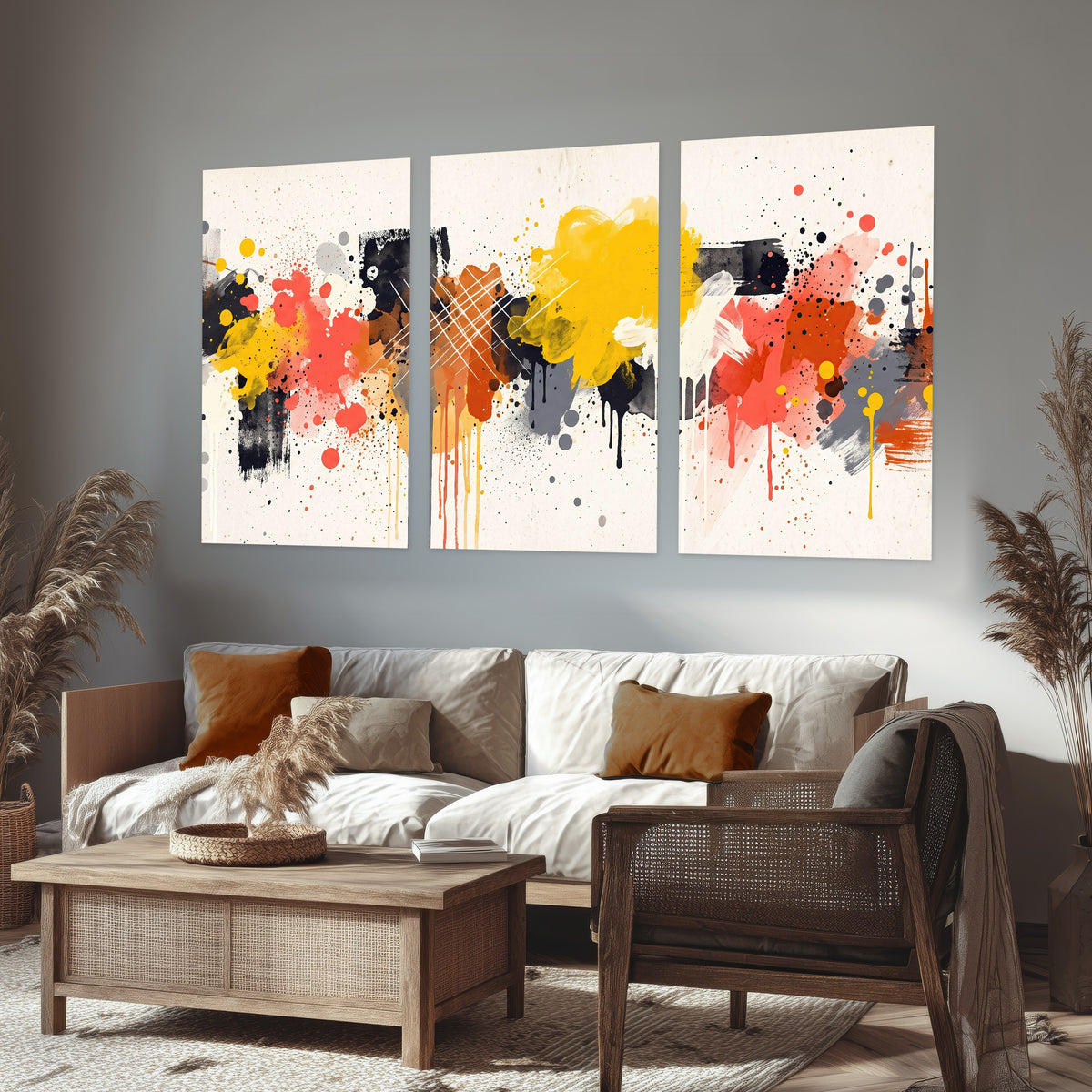 Paint splash abstract painting set of 3 poster prints in a rustic living room