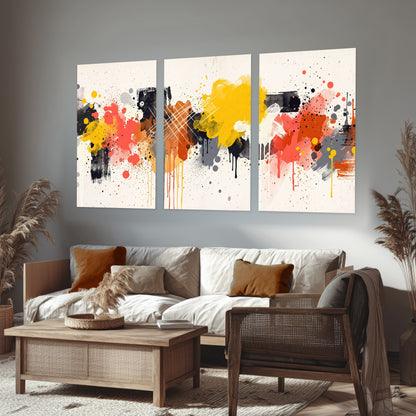 Paint splash abstract painting set of 3 poster prints in a rustic living room