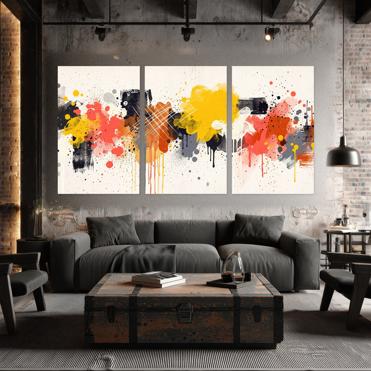 Paint splash abstract painting set of 3 poster prints in an industrial loft