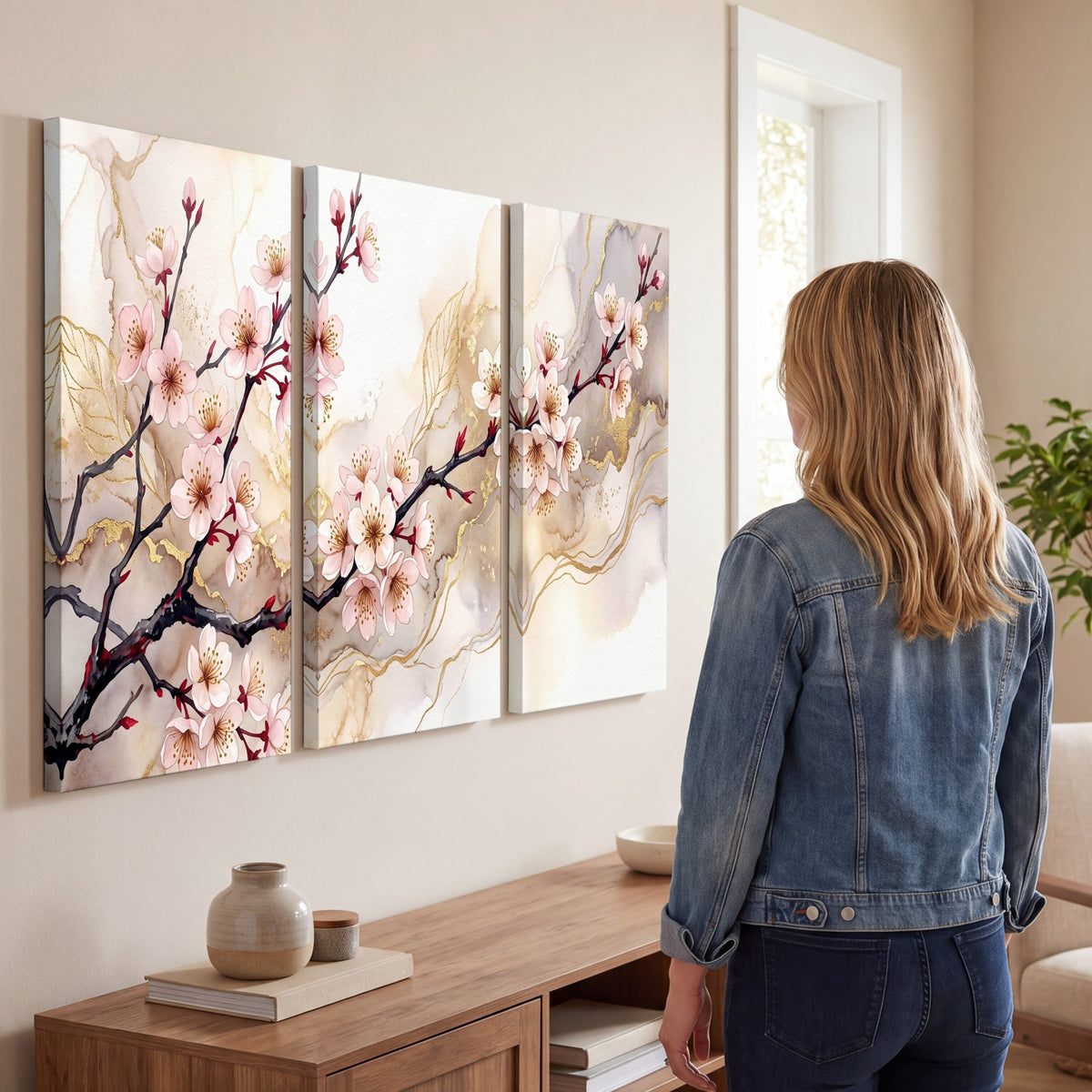 Cherry blossom branch with gold painting 3 piece canvas wall art in a living room