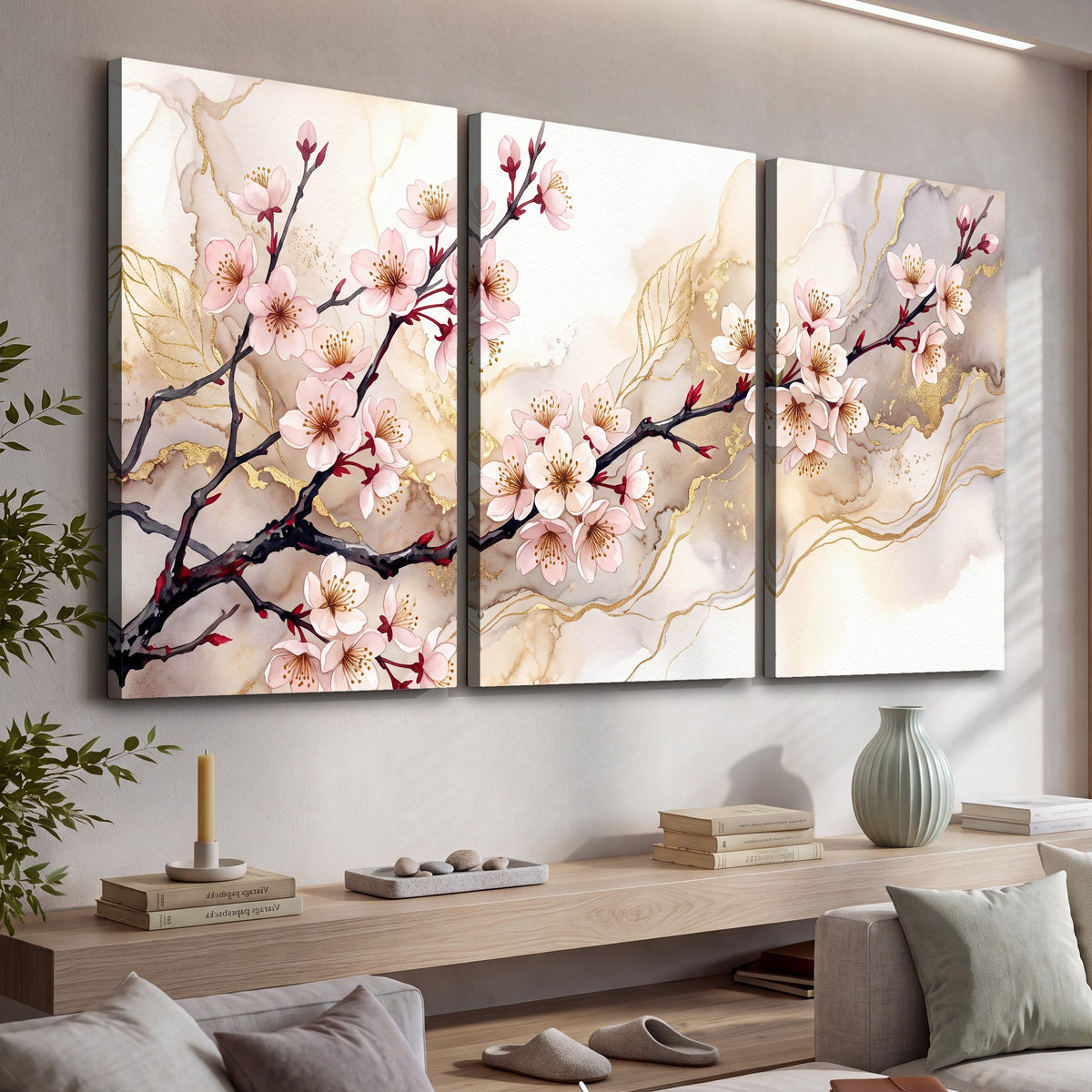 Cherry blossom branch with gold painting 3 piece canvas wall art in a living room above a console