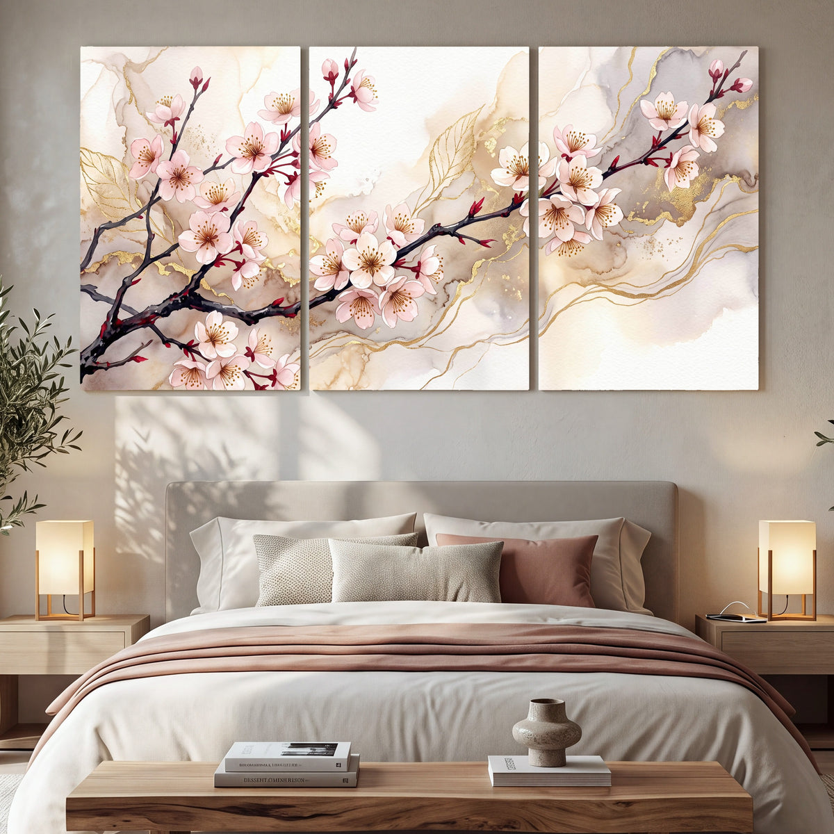 Cherry blossom branch with gold painting 3 piece canvas wall art in a bedroom above the bed