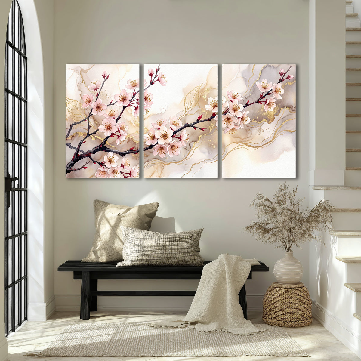 Cherry blossom branch with gold painting 3 piece canvas wall art in an entryway above a bench