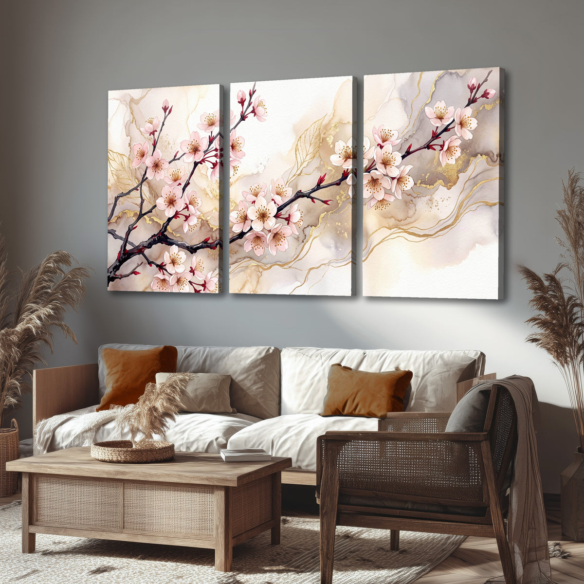 Cherry blossom branch with gold painting 3 piece canvas wall art in a rustic living room