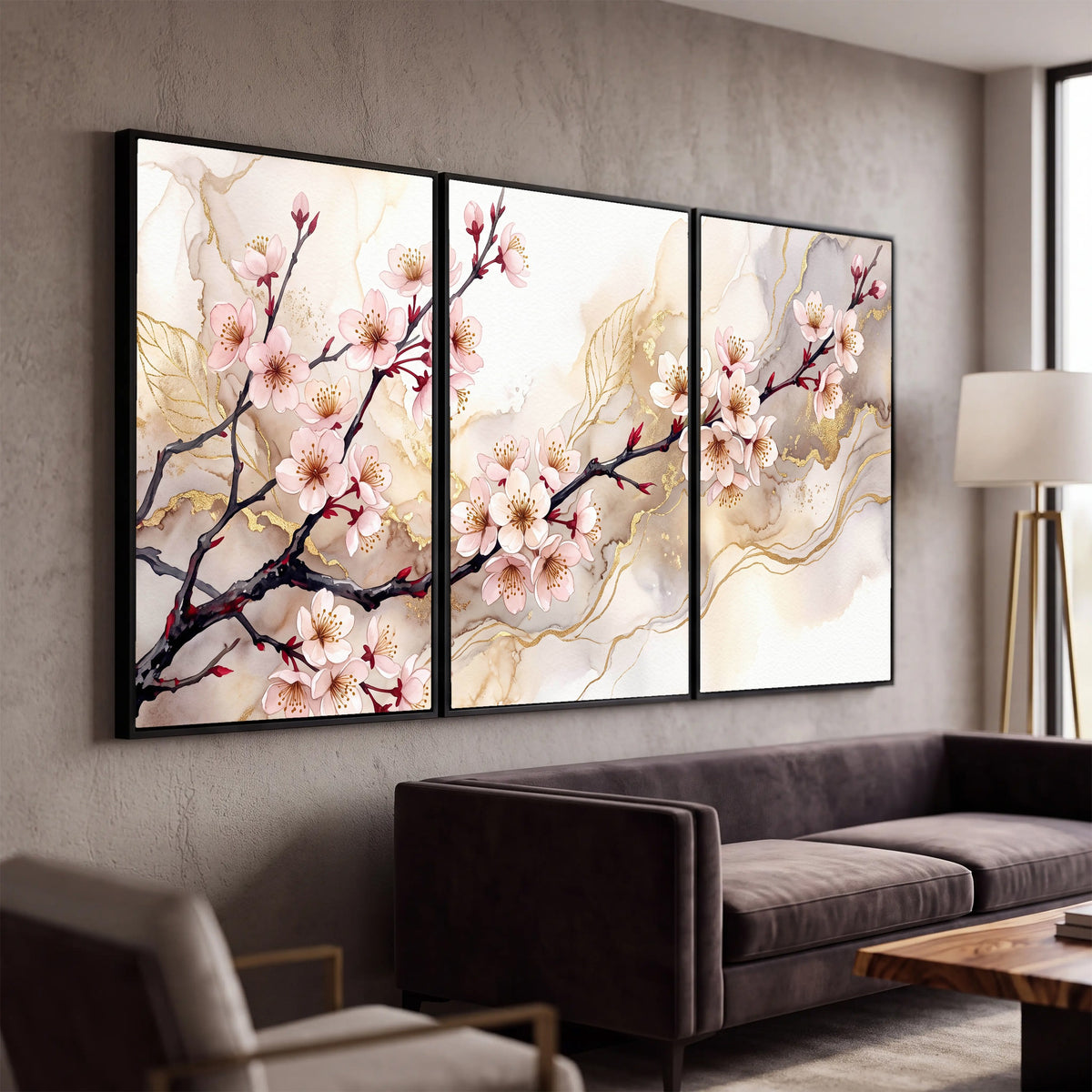 Cherry blossom branch with gold painting 3 piece canvas wall art in a modern living room
