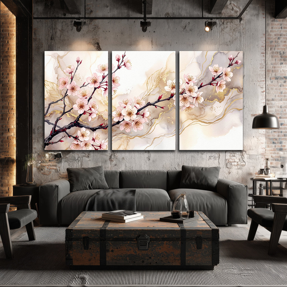 Cherry blossom branch with gold painting 3 piece canvas wall art in an industrial loft