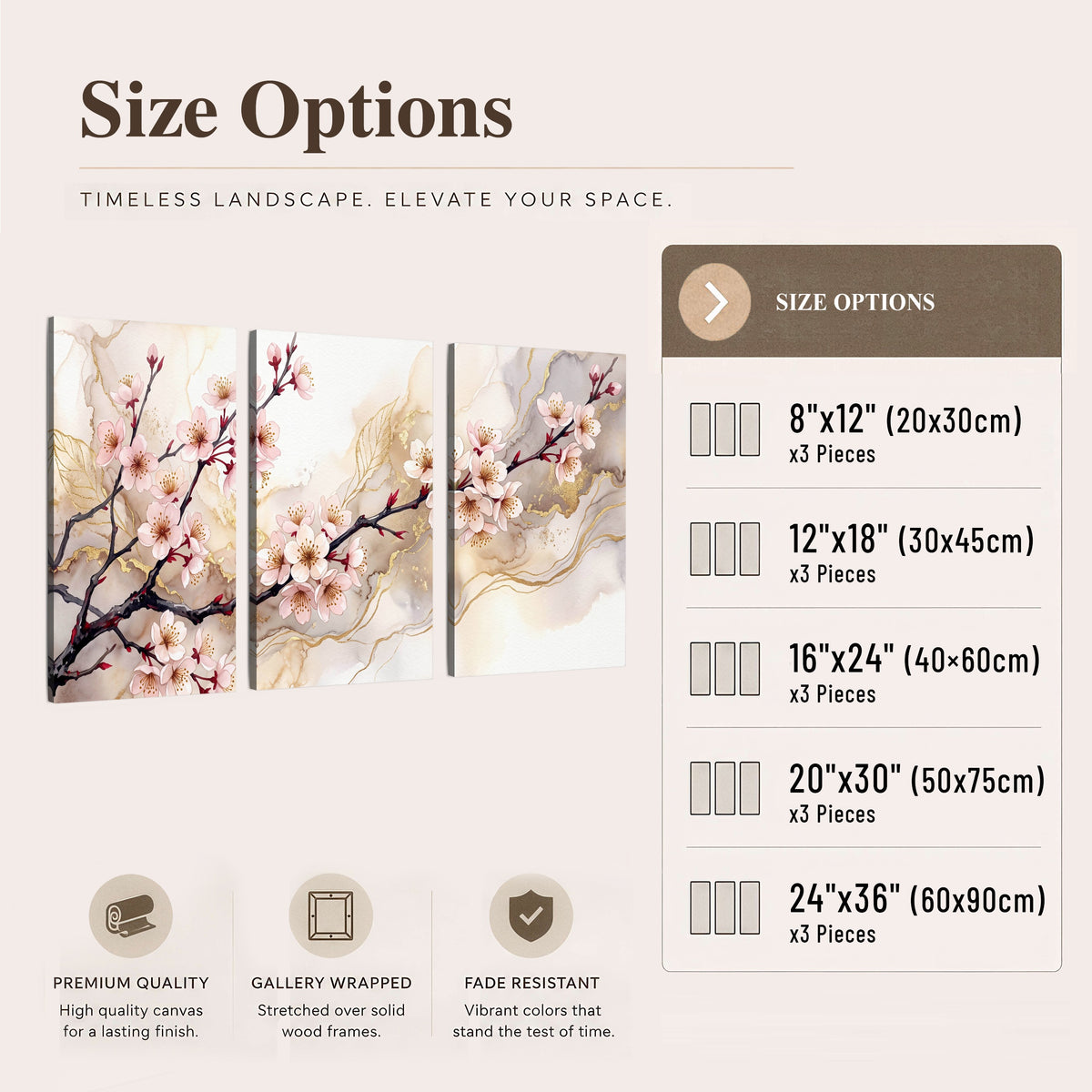 Cherry blossom branch with gold painting 3 piece canvas wall art size options