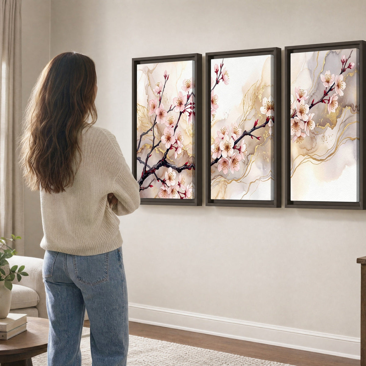 Cherry blossom branch with gold painting 3 piece framed canvas in a living room