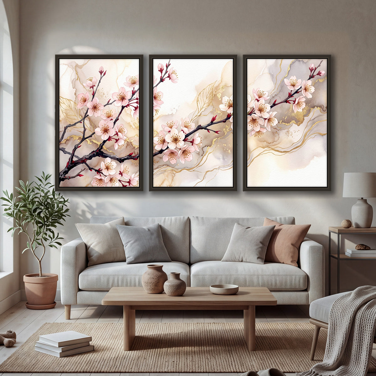 Cherry blossom branch with gold painting 3 piece framed canvas in a bright living room