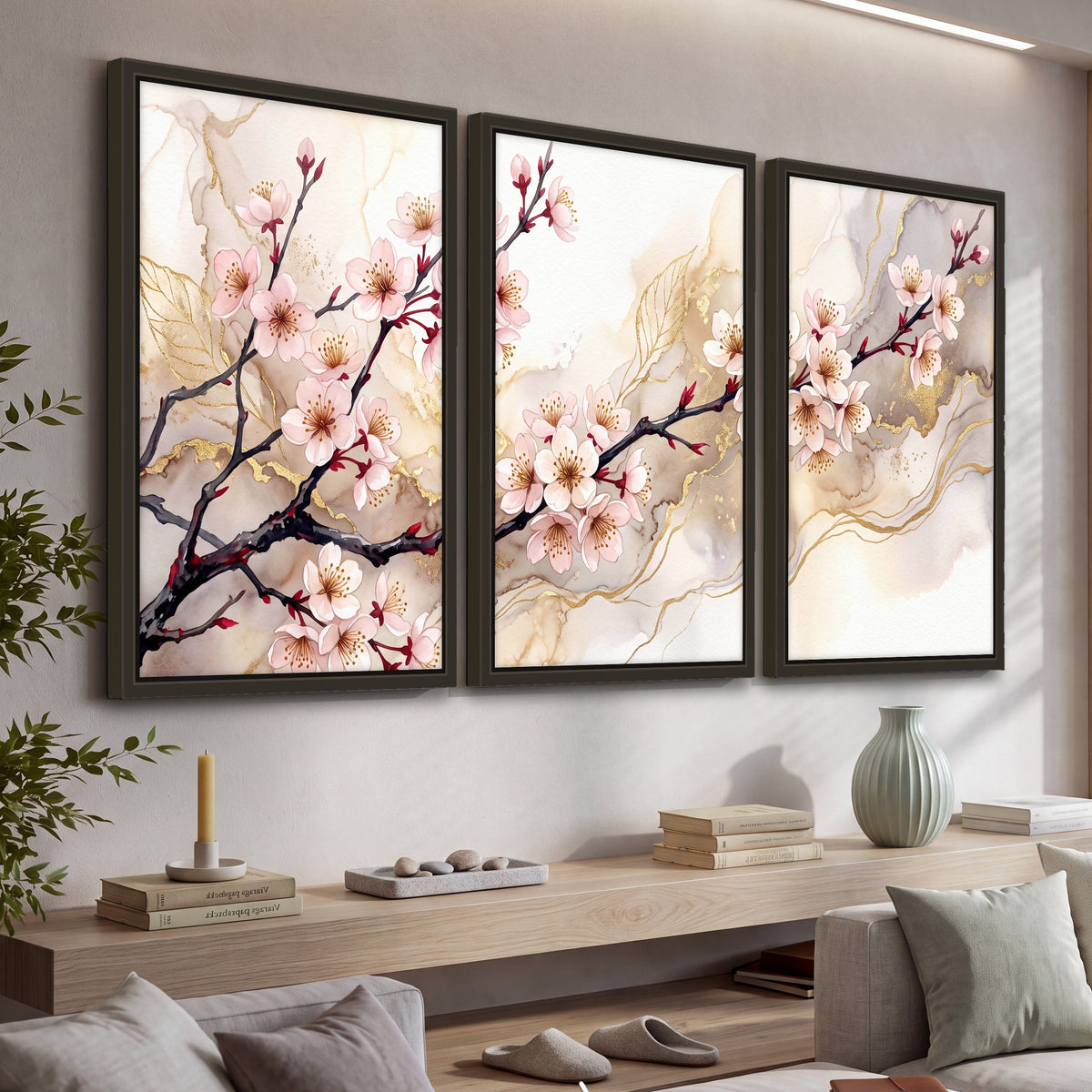 Cherry blossom branch with gold painting 3 piece framed canvas in a living room above a console