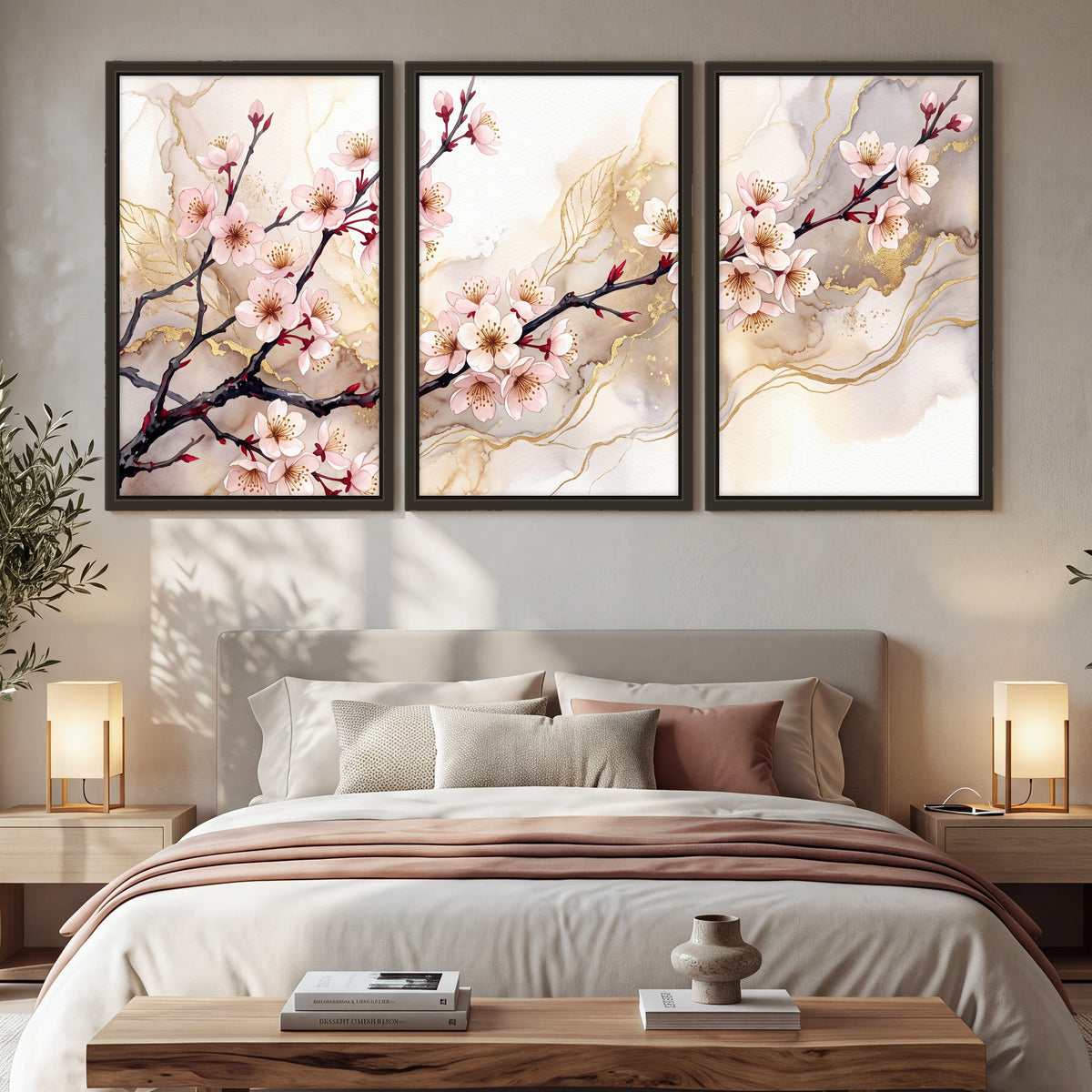 Cherry blossom branch with gold painting 3 piece framed canvas in a bedroom above the bed
